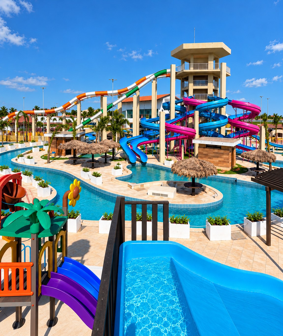 Vista geral ilustrada do Yah Acqua Park com toboáguas, piscinas e o mar ao fundo
