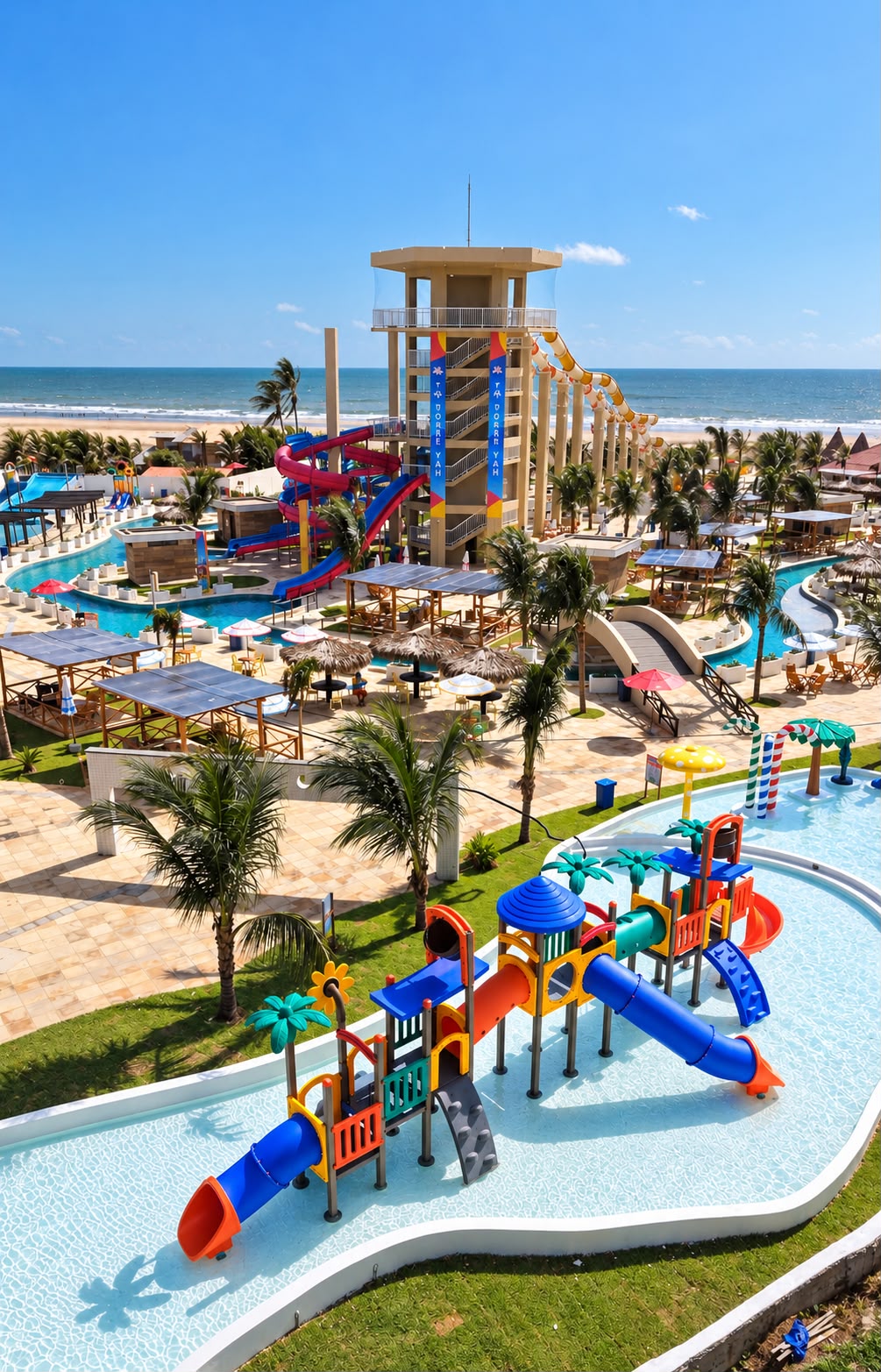 Piscina infantil com toboáguas e o mar ao fundo no Yah Acqua Park